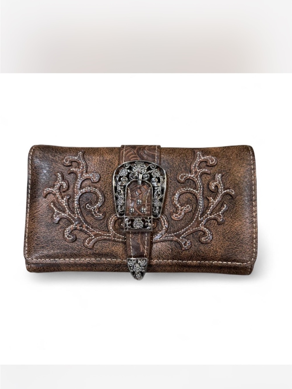 Western-Style Brown Embroidered Wallet with Decorative Buckle